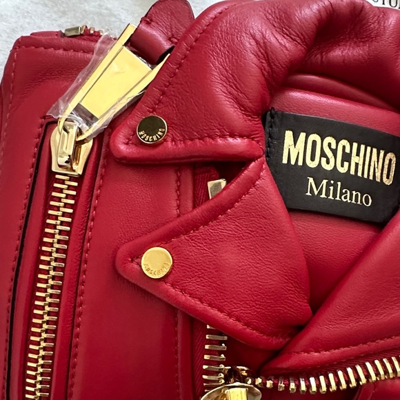 Moschino Red Leather Biker Jacket Clutch with Gold Chain - Picture 2 of 8